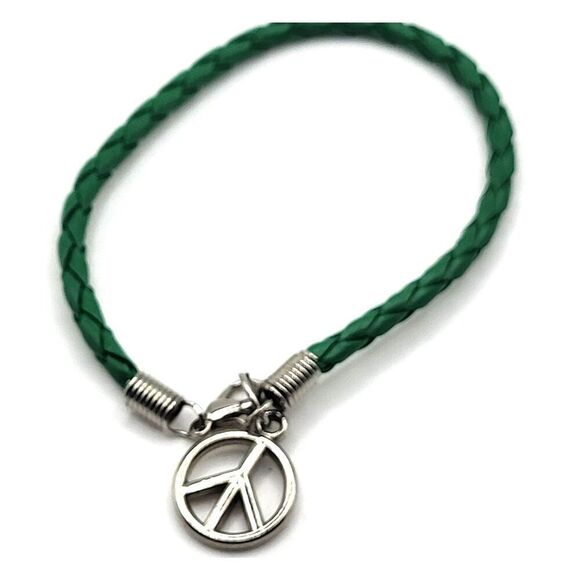 Vintage Peace Bracelet Green Braided Cord 8in - Picture 1 of 3